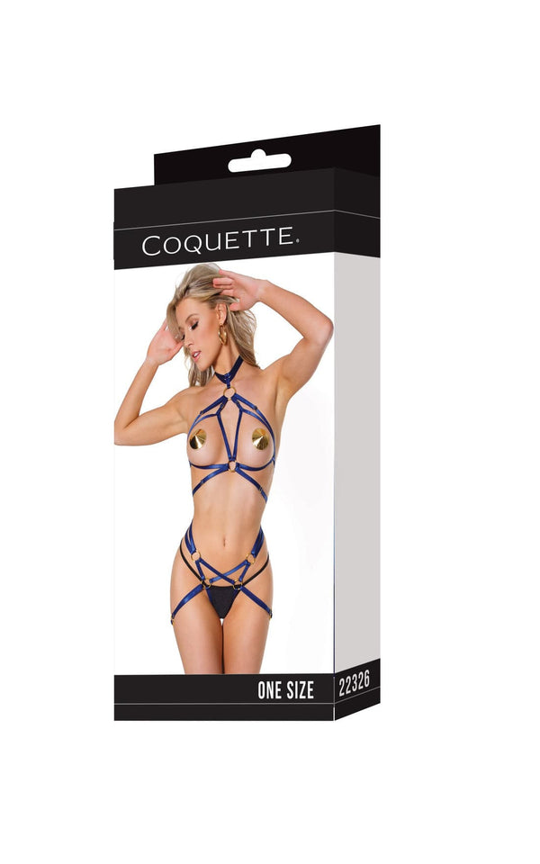 22326 - HARNESS TOP & CROTCHLESS PANTY - NAVY/GOLD