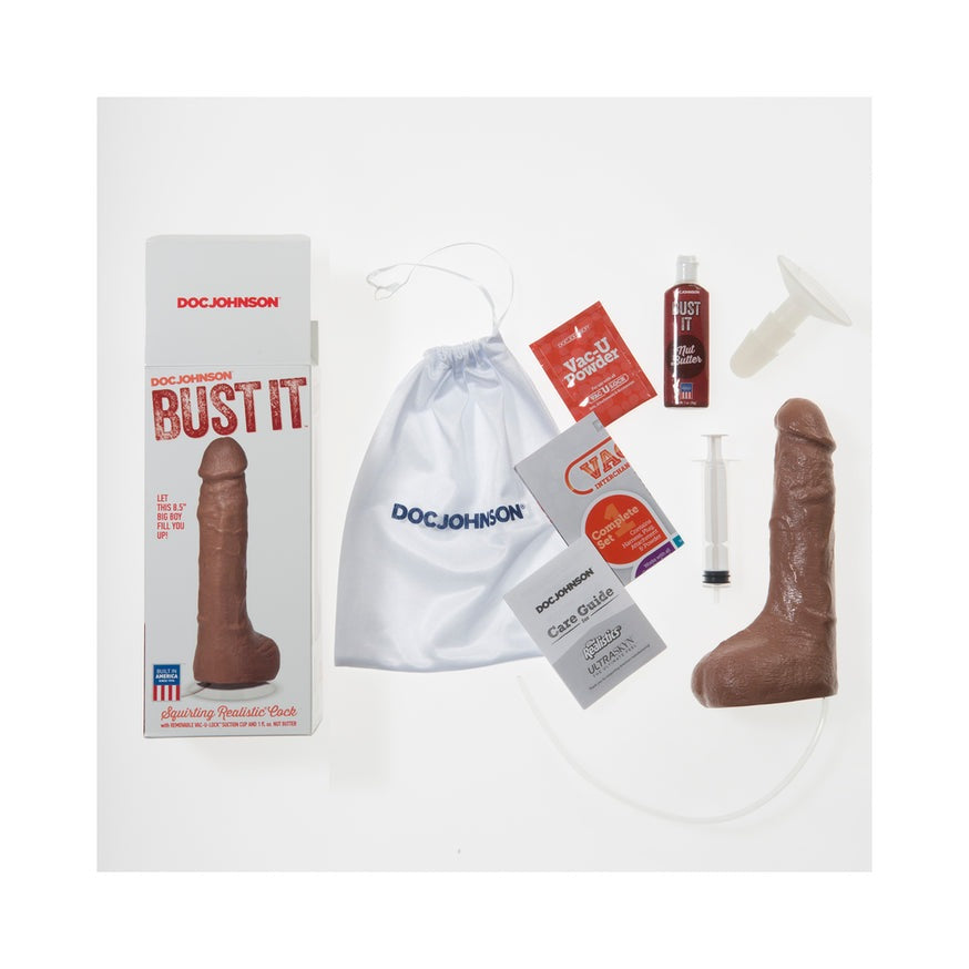 Bust It Squirting Realistic 8.5in Cock- Brown w/1oz Nut Butter