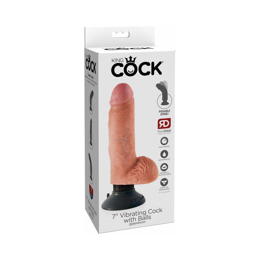 King Cock 7 in. Vibrating Cock With Balls Suction Cup Dildo- Beige