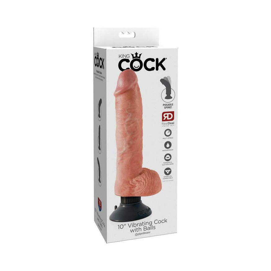 King Cock 10 in. Vibrating Cock With Balls Suction Cup Dildo- Beige