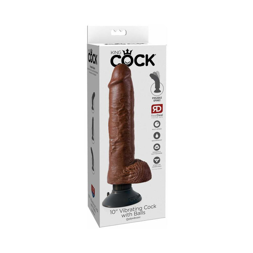 King Cock 10 in. Vibrating Cock With Balls Suction Cup Dildo- Brown