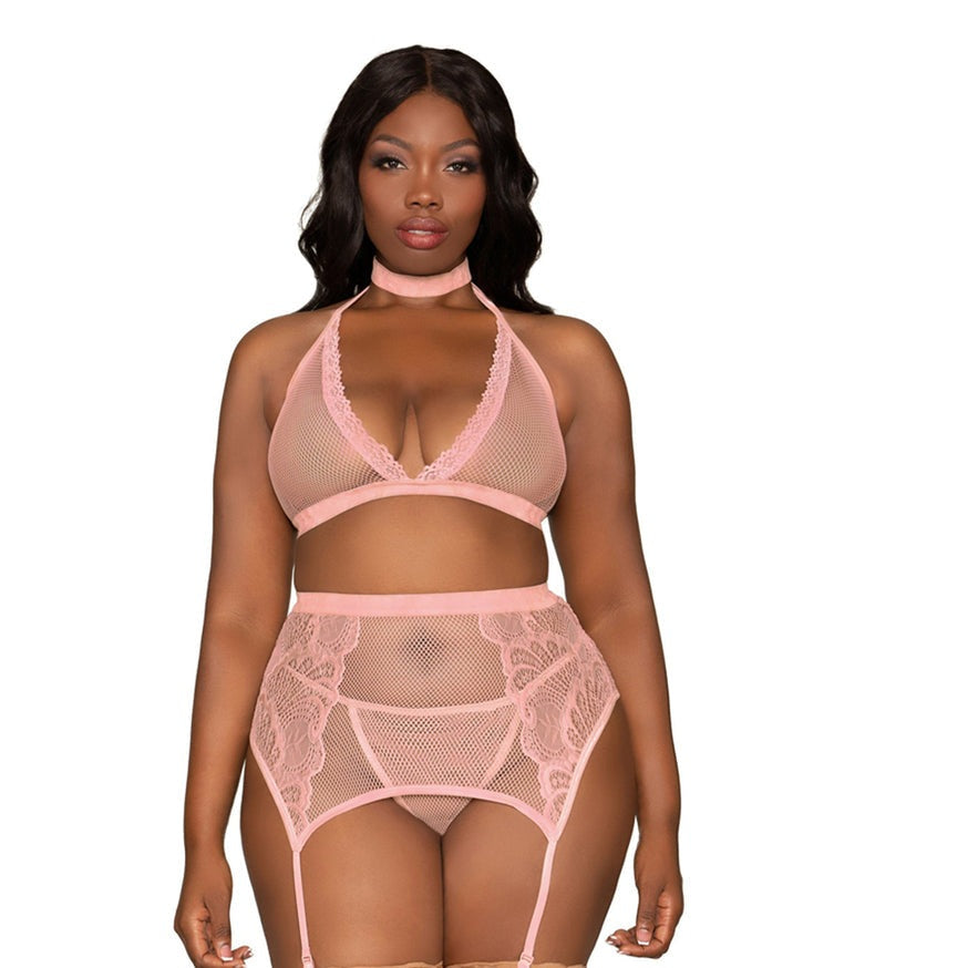 Dreamgirl Bra Garterbelt & G-String Pink