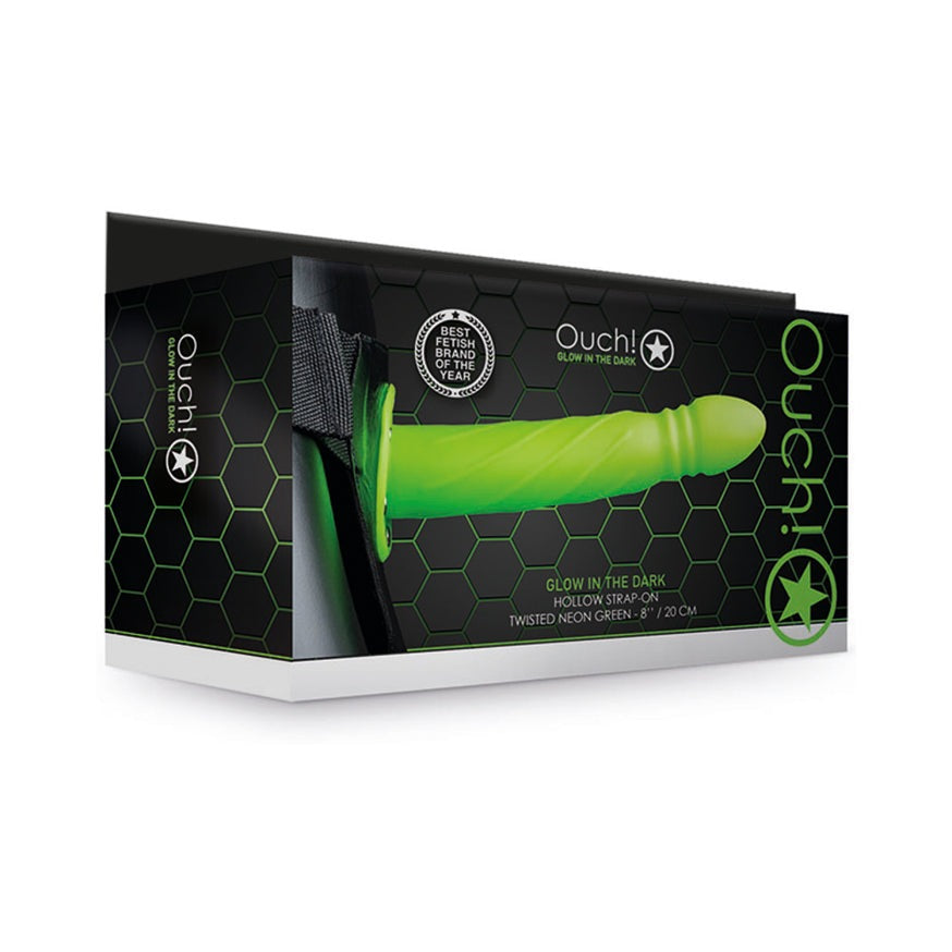 Ouch! Twisted 8 in. Glow in the Dark Hollow Strap-On- Neon Green