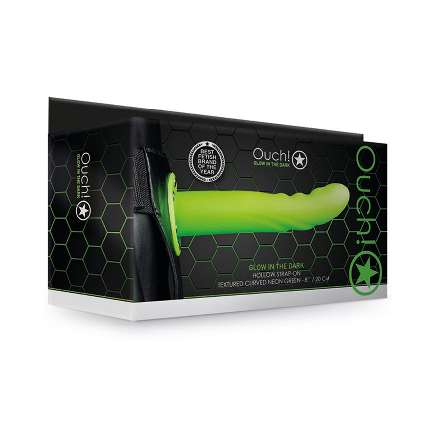 Ouch! Textured Curved 8 in. Glow in the Dark Hollow Strap-On- Neon Green