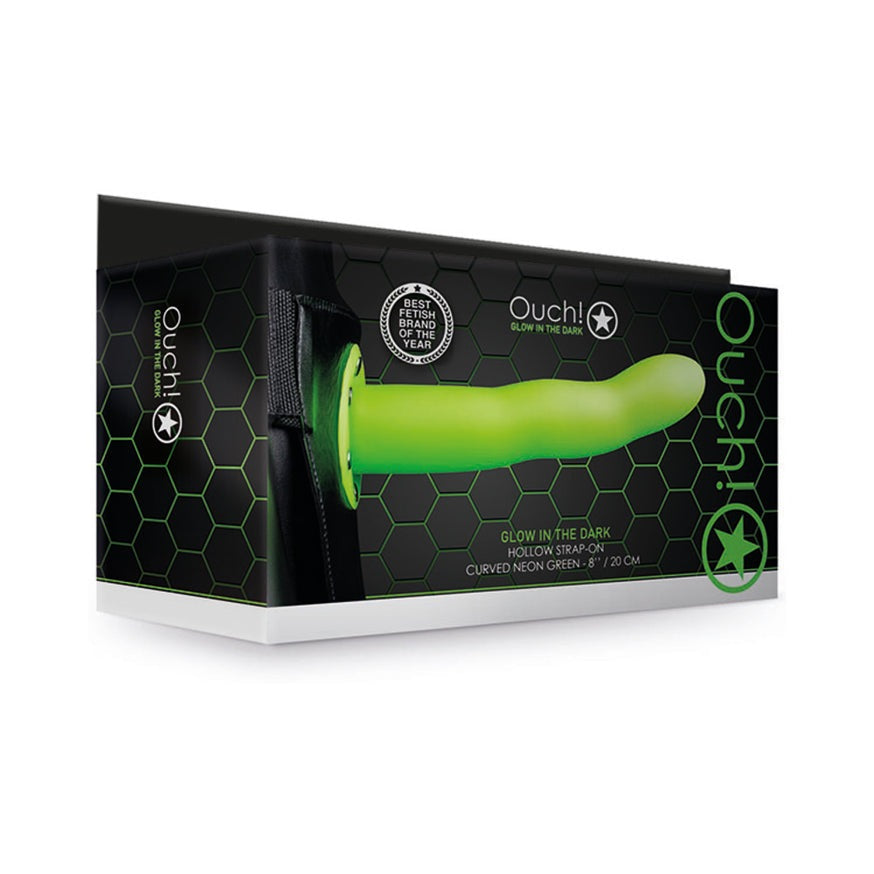 Ouch! Curved 8 in. Glow in the Dark Hollow Strap-On- Neon Green