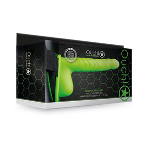 Ouch! Ribbed 8 in. Glow in the Dark Hollow Strap-On with Balls- Neon Green