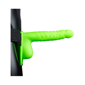 Ouch! Ribbed 8 in. Glow in the Dark Hollow Strap-On with Balls- Neon Green