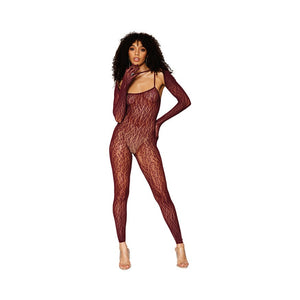 Dreamgirl Animal Print Fishnet Lace Bodystocking & Shrug Burgundy