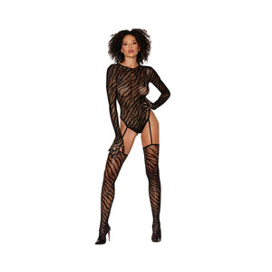 Dreamgirl Animal Print Fishnet Gloved Suspender Teddy Bodystocking With Keyhole Back