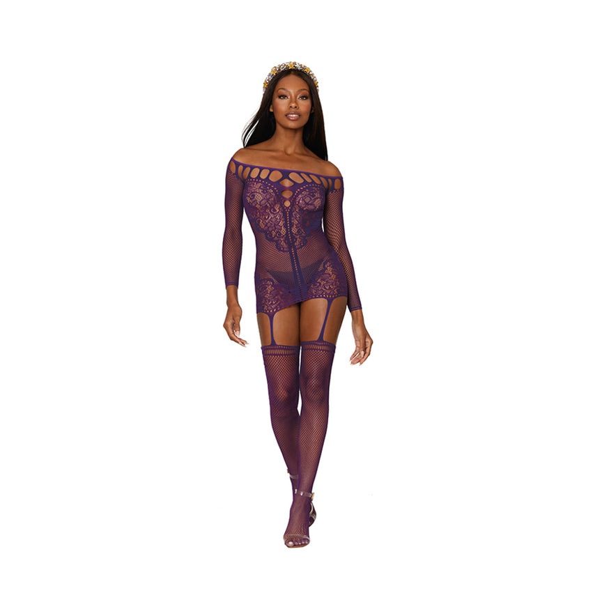 Dreamgirl Fishnet Lace Garter Dress With Attached Stockings- Aubergine