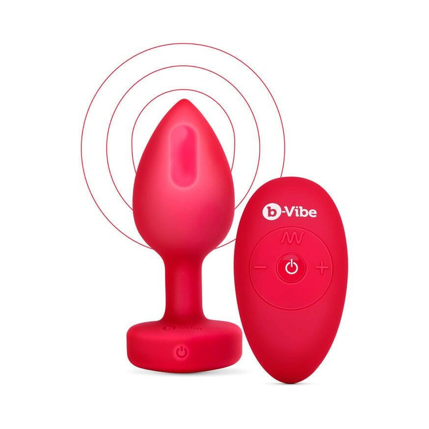 B-Vibe Vibrating Remote-Controlled Plug with Heart-Shaped Jewel Base M/L Red