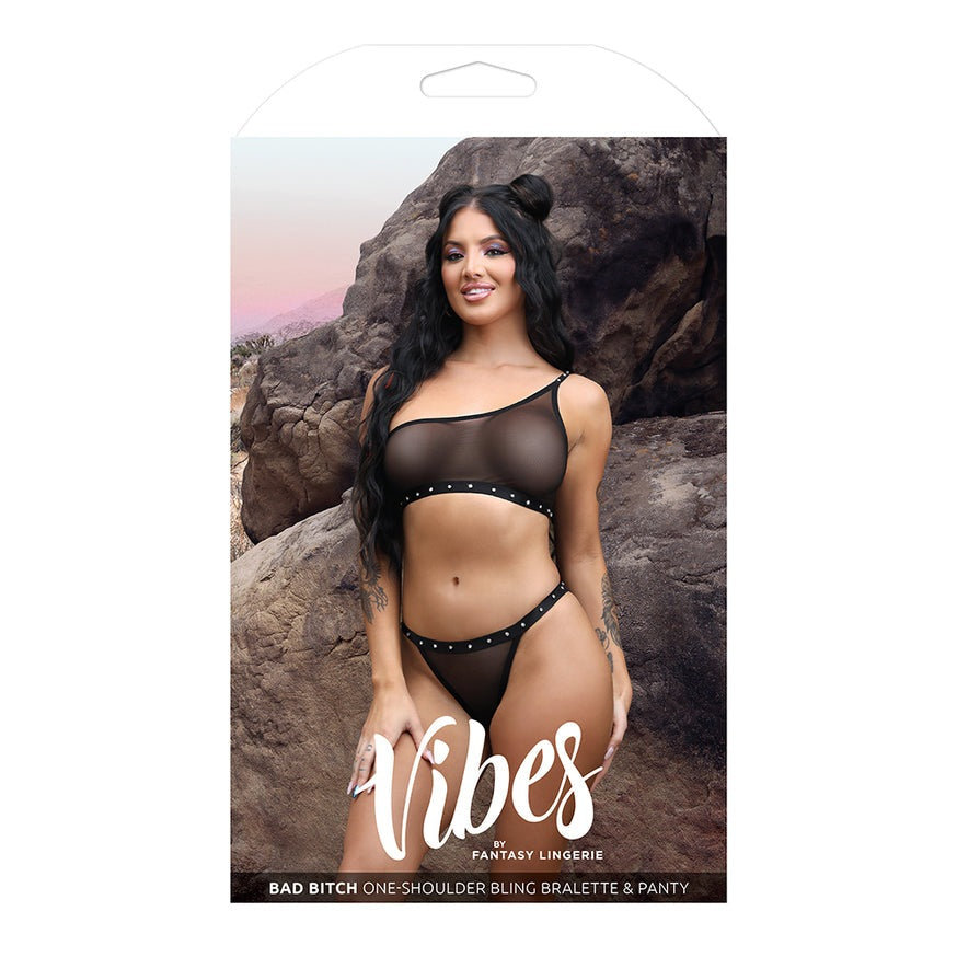 Vibes Bad Bitch One-Shoulder Bling Bralette & Bikini Panty