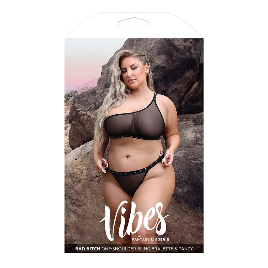 Vibes Bad Bitch One-Shoulder Bling Bralette & Bikini Panty