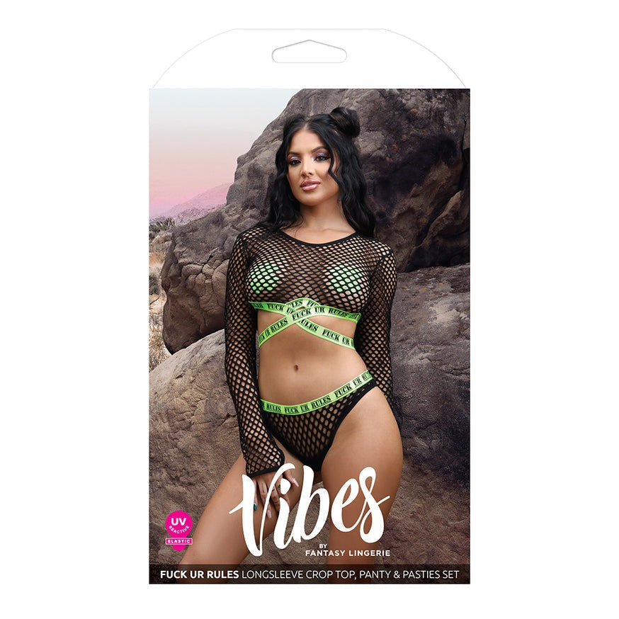 Vibes "Fuck Ur Rules" UV Reactive Longsleeve Fishnet Top, Panty, Pasties