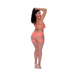 Magic Silk Rude Awakening Balconette Bra & Stirrup Thong Set- Neon Orange