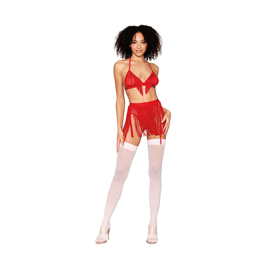 Dreamgirl Chainette Fringe Bralette, Garter Belt, and G-String Set- Ruby