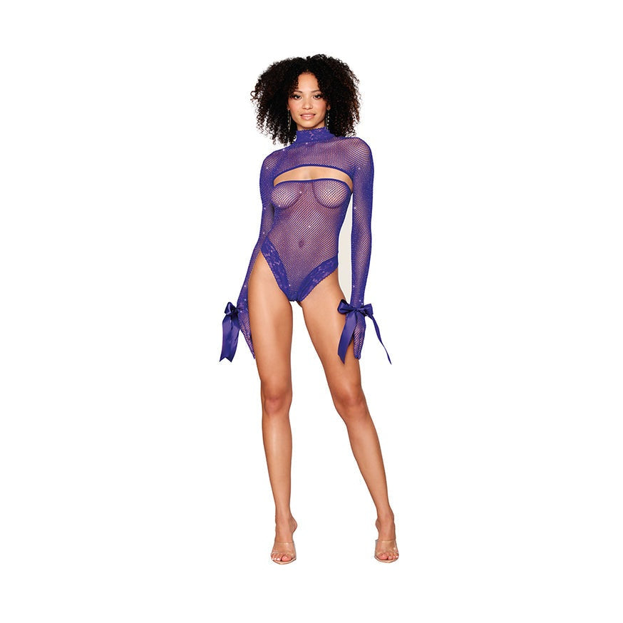 Dreamgirl Metallic Fishnet Seamless Teddy and Matching Shrug Restraint- Violet