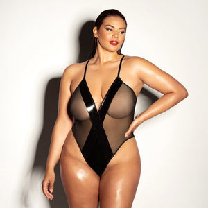 Oh La La Cheri Finesse Soft Cup Open Back Vinyl and Mesh Teddy