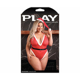 Fantasy Lingerie Play Holidazed Sheer Sparkle Mesh Teddy with Faux Fur Trim, Belt & Santa Hat Red