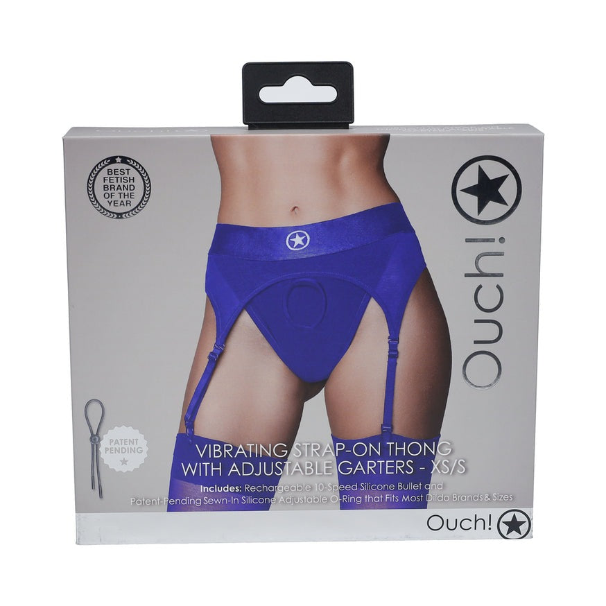 Ouch! Vibrating Strap-on Thong with Adjustable Garters- Royal Blue