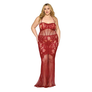 Dreamgirl Lace Bodystocking Gown with Bustier Detail Oxblood