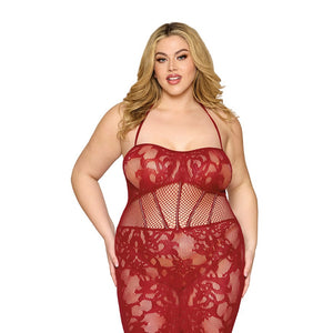 Dreamgirl Lace Bodystocking Gown with Bustier Detail Oxblood