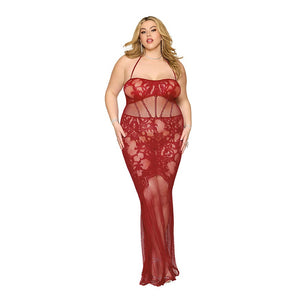 Dreamgirl Lace Bodystocking Gown with Bustier Detail Oxblood