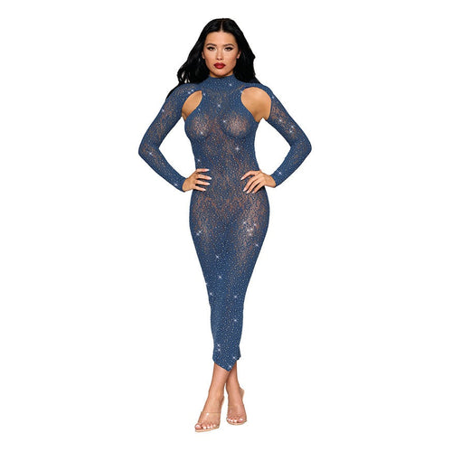 Dreamgirl High Neck Open-Shoulder Bodystocking Gown- Twilight