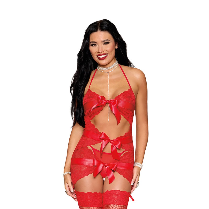 Dreamgirl Garter Slip with Bow Detail and G-String- Red