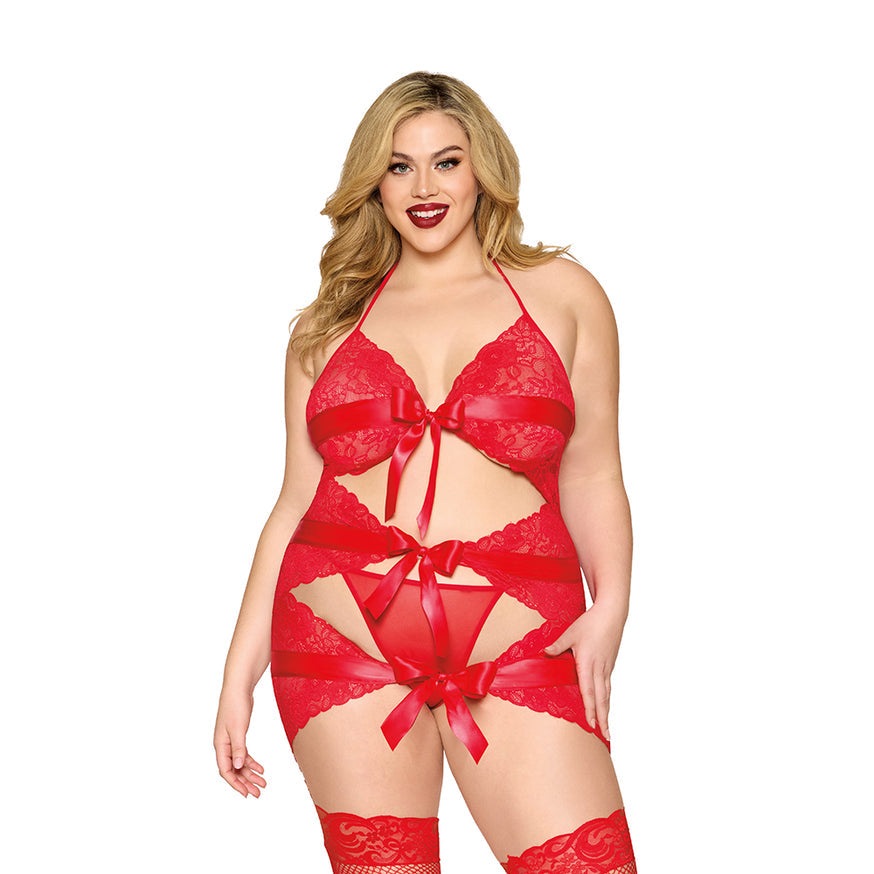 Dreamgirl Garter Slip with Bow Detail and G-String- Red