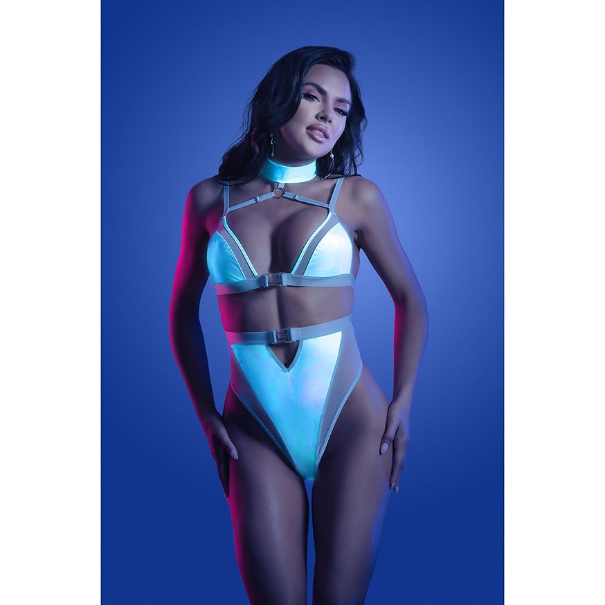 Fantasy Lingerie Glow Prismatic Iridescent Cut-Out Harness Bodysuit