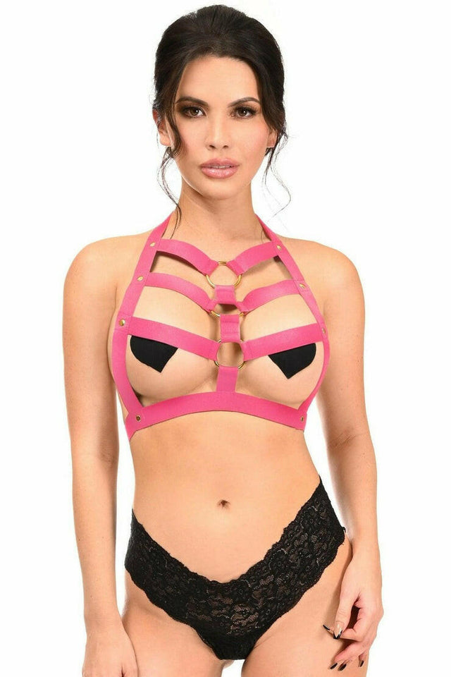 BOXED Lt Pink Stretchy Body Harness w/Silver Hardware