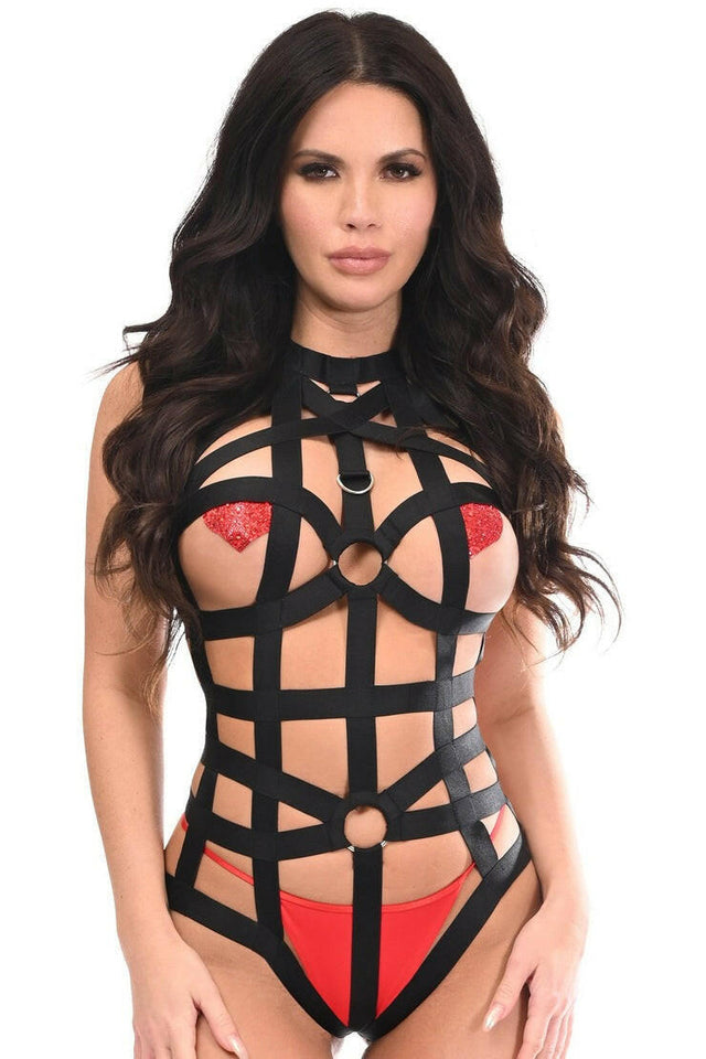 Black Stretchy Harness Bodysuit w/Silver Hardware