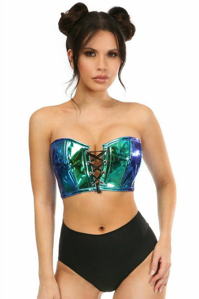 Lavish Teal/Blue Holo Lace-Up Short Bustier Top