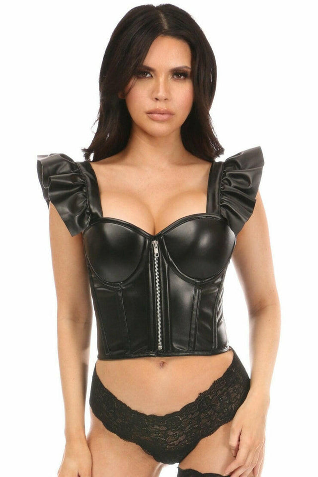 Lavish Black Faux Leather Bustier Top w/Ruffle Sleeves