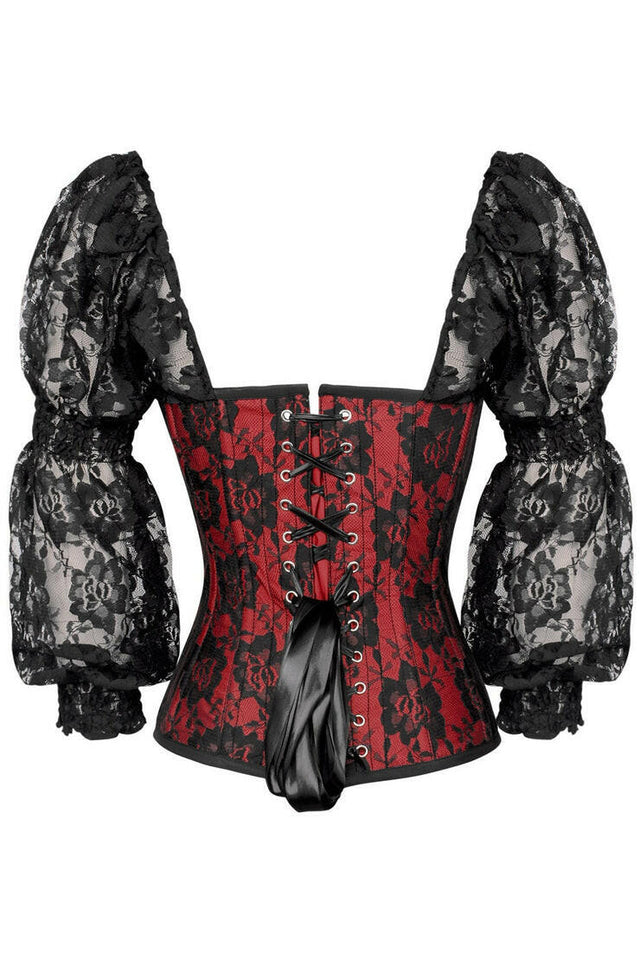 Top Drawer Red w/Black Lace Steel Boned Long Sleeve Corset