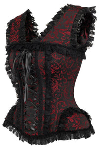 Top Drawer Red/Black Swirl Brocade & Lace Steel Boned Corset w/Cap Sleeves