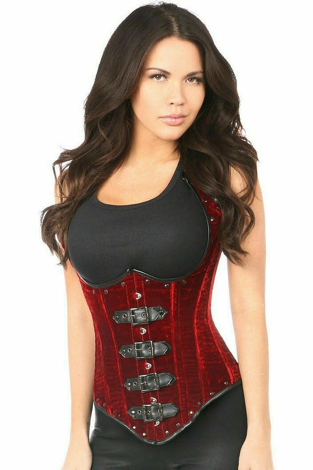 Top Drawer Steel Boned Red Velvet Underbust Corset w/Buckling