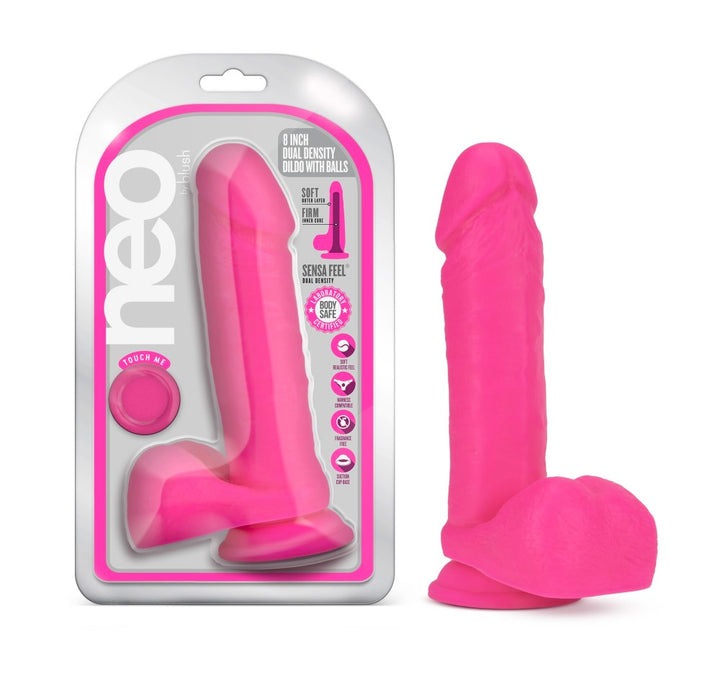 Blush Neo 8 in. Dual Density Dildo with Balls & Suction Cup Neon Pink