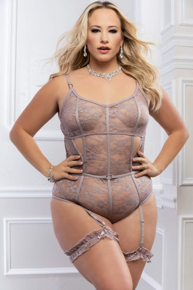 2pc Slip-In Sheer Teddy W/ Snap Crotch & Garters