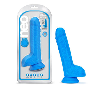 Blush Neo 9 in. Dual Density Dildo with Balls & Suction Cup Neon Blue